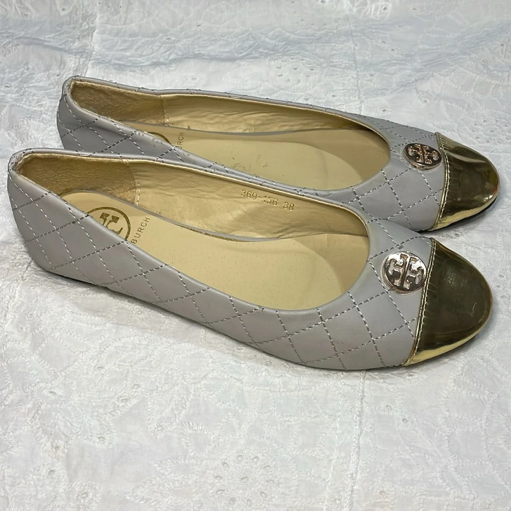 HP!! Tory Burch Gray & Gold Ballet Flats with Logo Medallion - Picture 2 of 12